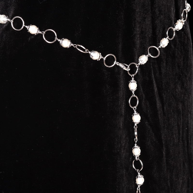 L'VOW Women's Renaissance Medieval Witch Belt - Silver Waist Chain With Concho Bead and Long Pearl for Dresses - Image 4