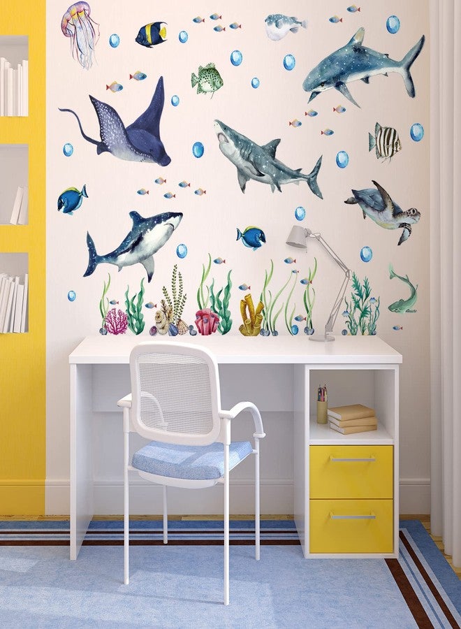 Marspark 3 Pieces Large Watercolor Sharks Wall Decals Ocean Animal Peel and Stick Wall Sticker Under The Sea Marine Life Theme Decals Nursery Room Home Decor Party Supply, 11.2 x 34.6 Inches - Image 5