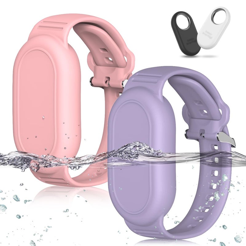 BIQIRE [2Pack] Bracelet Compatible for Samsung Galaxy SmartTag 2 (2023), Soft Silicone Wristband Smart Tag 2 Holder Kids Hidden Galaxy Smart Tag 2 Case Cover for Toddler Child Elderly (Pink+Purple) - Image 1