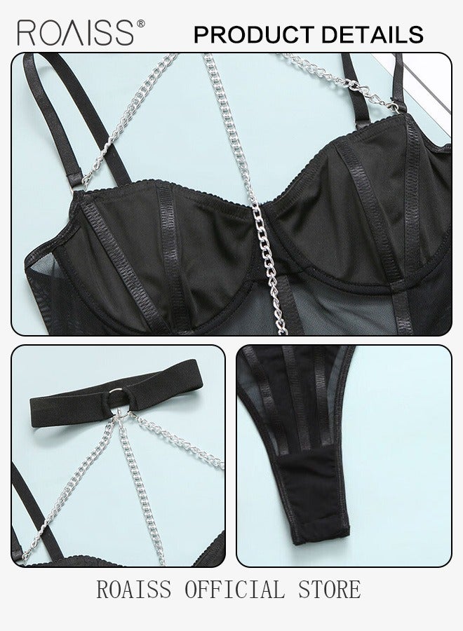 roaiss Mesh Yarn Corset Lingerie Set for Women One Piece Halter Neck Bodysuit Ladies V Neck Sleeveless Slim Fit Underwire Underwear Suit with Chain Decor to Show Your Beautiful  - Image 2