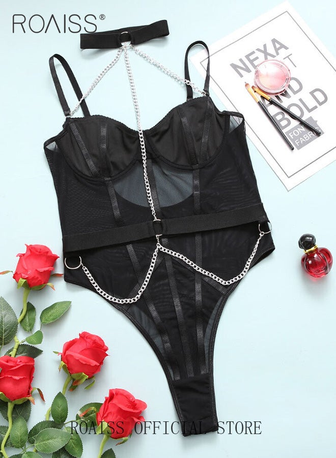 roaiss Mesh Yarn Corset Lingerie Set for Women One Piece Halter Neck Bodysuit Ladies V Neck Sleeveless Slim Fit Underwire Underwear Suit with Chain Decor to Show Your Beautiful  - Image 1
