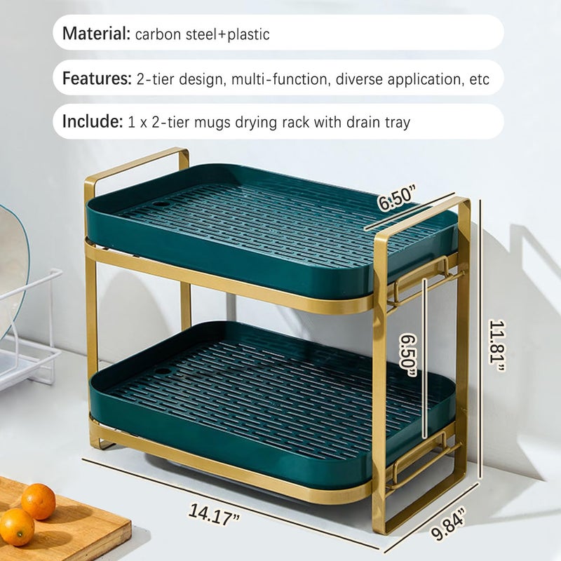 Dhadh 2Tier Mugs Drying Rack with Drain Tray Water Cup Storage Rack Coffee Cup Drying Rack Coffee Mug Storage Shelf Cups and Mugs Storage Organizer for Kitchen - Image 4