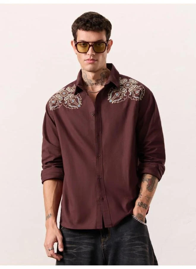 The Souled Store The Souled Store Men Cotton Linen Tibetan Tales Maroon Regular Fit Shirts