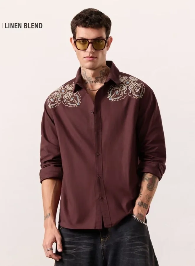 The Souled Store Men Tibetan Tales Maroon Regular Fit Cotton Linen Shirts