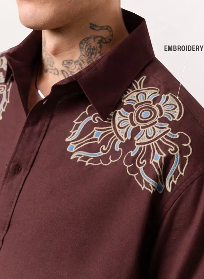 The Souled Store The Souled Store Men Tibetan Tales Maroon Regular Fit Cotton Linen Shirts