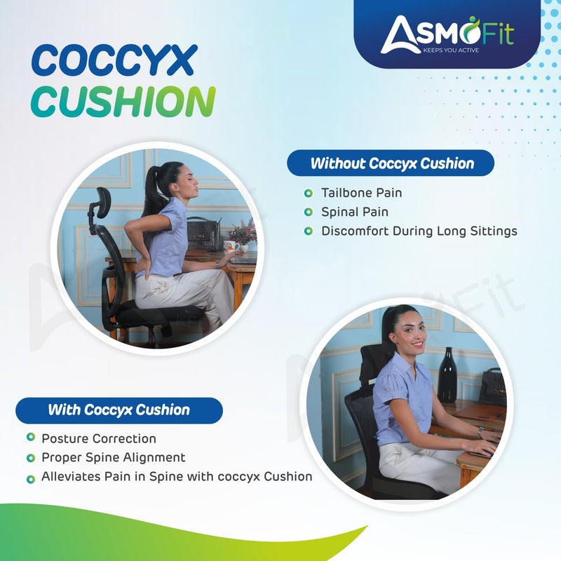 Asmofit polyurethane foam NonSlip Orthopedic Coccyx Seat Cushion for Tailbone Sciatica Pain Relief Hip Support Color Black