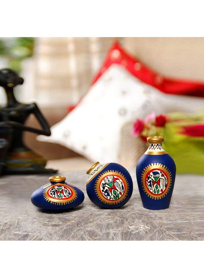 ExclusiveLane أواني فخارية مطلية يدوياً من وارلي لغرفة المعيشة وزينة المنزل مجموعة قطع أثرية مصغرة (7.6 سم × 7.6 سم × 9.1 سم مجموعة زرقاء من 3 أواني صغيرة) - Image 1