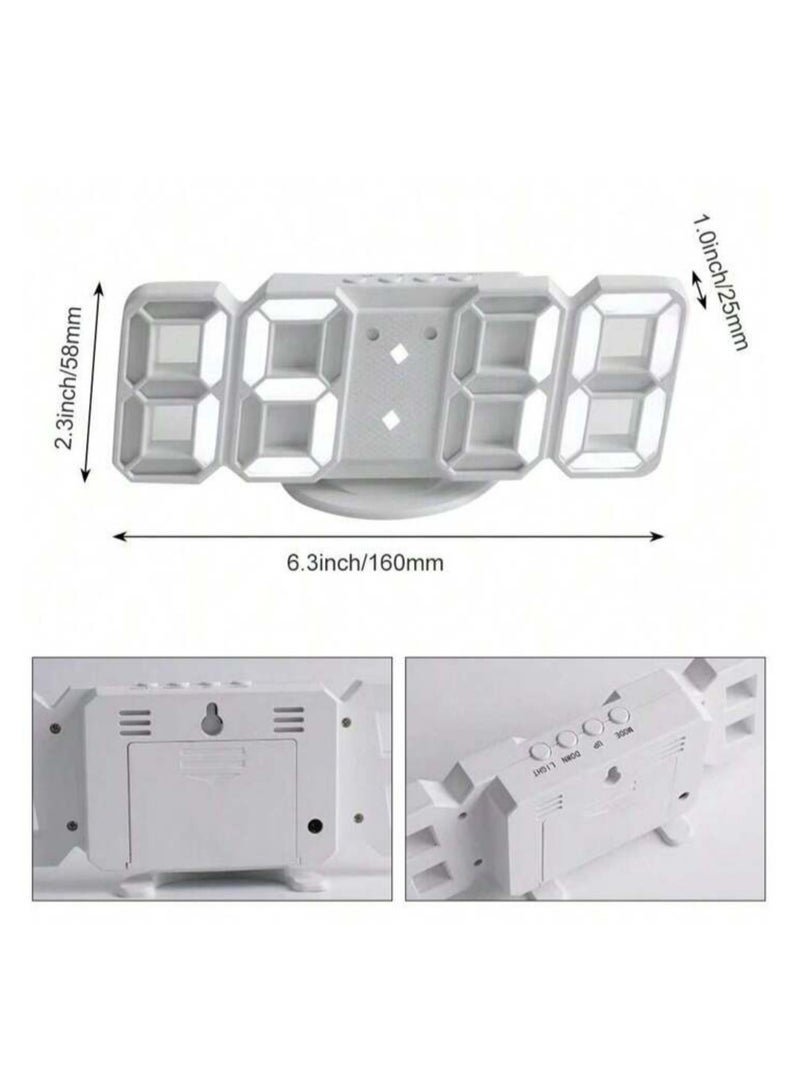 3D Digital Alarm Clock, Small Wall Clock with Dimmable Time Memory, White, 24 x 1.7 x 9.4 cm  - Image 2