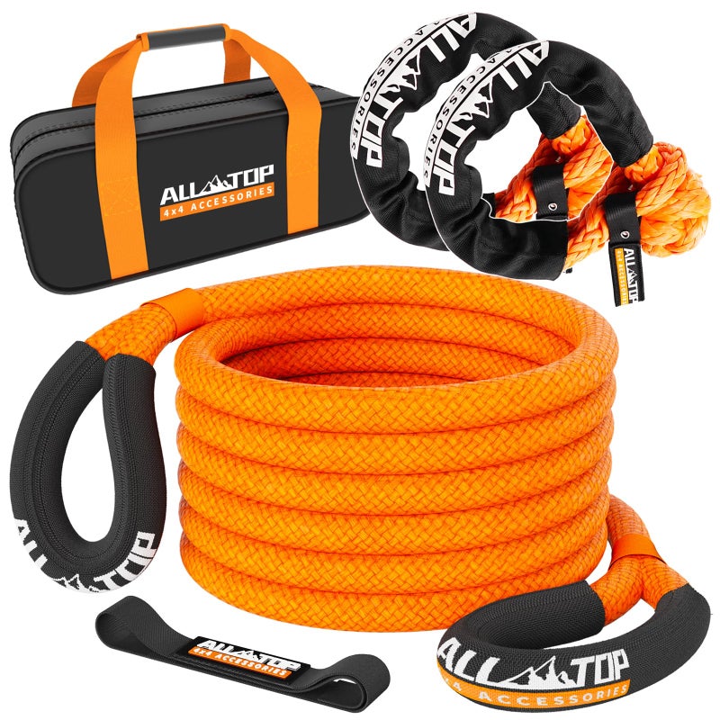 ALL-TOP Kinetic Recovery Rope Kit w/ 2 Soft Shackles, 48000Lbs, 1in x 30ft, Heavy Duty 30+% Elasticity, 16000Lbs Work Load Limit - Image 1