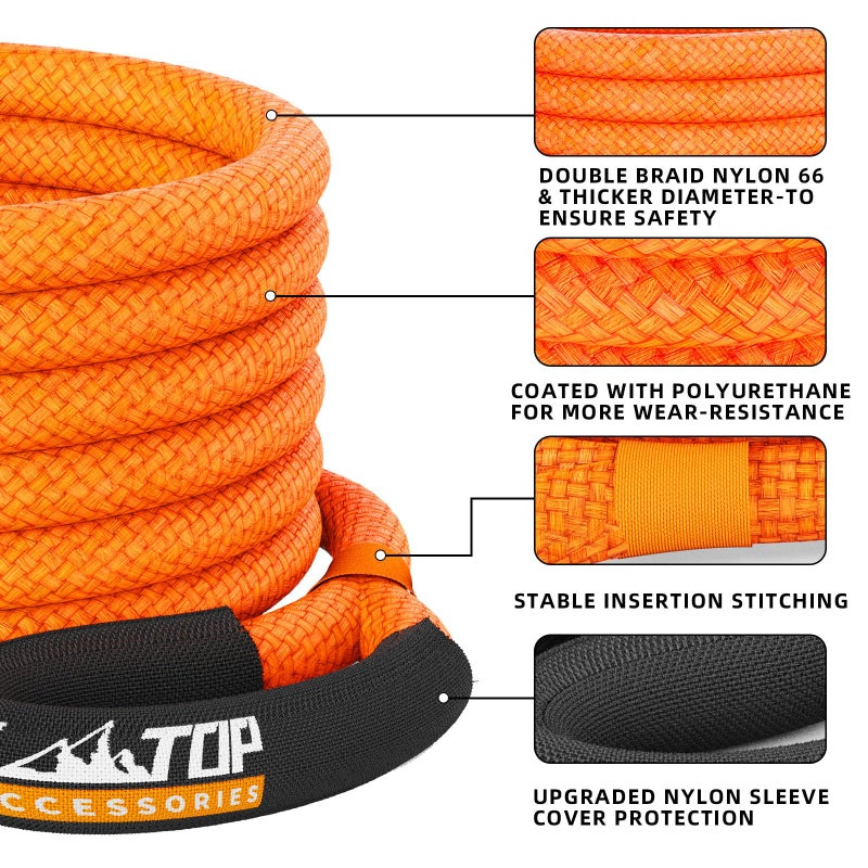 ALL-TOP Kinetic Recovery Rope Kit w/ 2 Soft Shackles, 48000Lbs, 1in x 30ft, Heavy Duty 30+% Elasticity, 16000Lbs Work Load Limit - Image 2