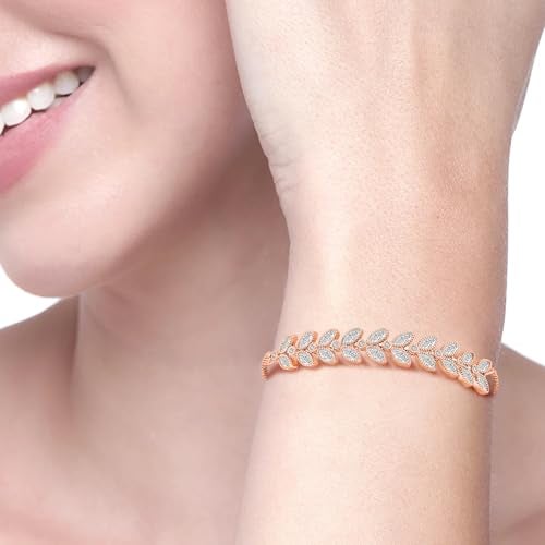 Peora Rose Gold Plated Cubic Zirconia Studded Adjustable Leaf Design Bracelet Contemporary Jewellery for Women & Girls - Image 2