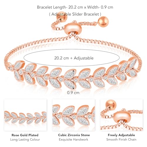Peora Rose Gold Plated Cubic Zirconia Studded Adjustable Leaf Design Bracelet Contemporary Jewellery for Women & Girls - Image 4