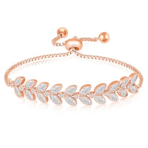 Peora Rose Gold Plated Cubic Zirconia Studded Adjustable Leaf Design Bracelet Contemporary Jewellery for Women & Girls - Image 1