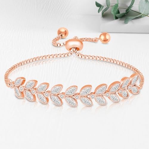 Peora Rose Gold Plated Cubic Zirconia Studded Adjustable Leaf Design Bracelet Contemporary Jewellery for Women & Girls - Image 3