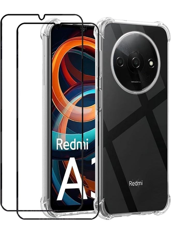 erorex - 1+2Pcs Compatible For Xiaomi Redmi A3 Xiaomi Poco C61 Case And Screen Protector Plating Tpu Soft Tempered Glass Cover With 360 Degree Cover Anti Scratch Anti Collision Black - Image 1