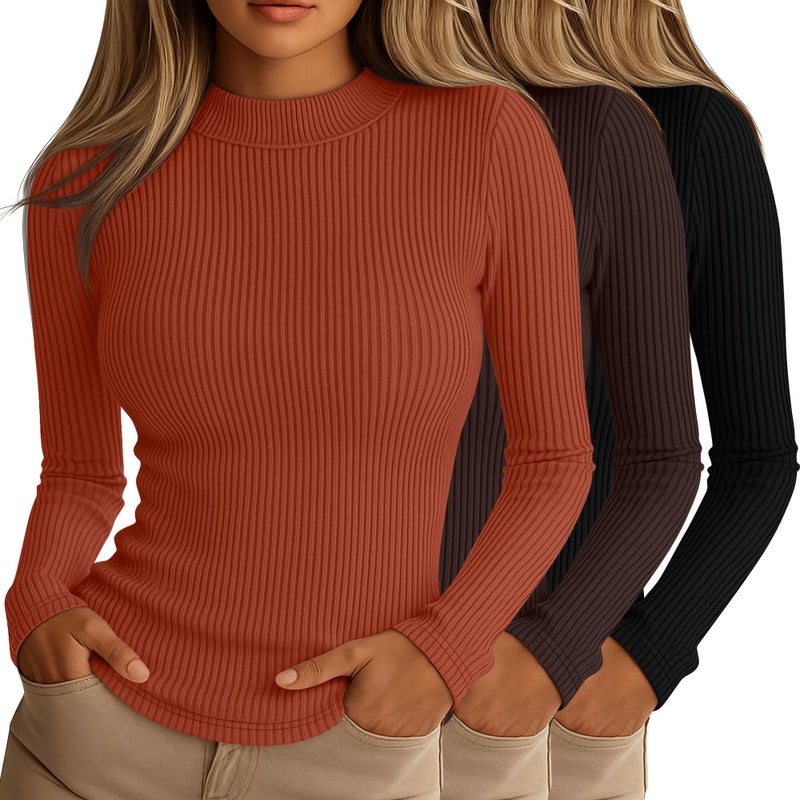 Riyiper 3 Pack Womens Ribbed Shirts Mock Turtleneck Long Sleeve Tops Slim Fitted Undershirts Casual Basic Layering TeesBlack Pumpkin Dark BrownSmall - Image 2