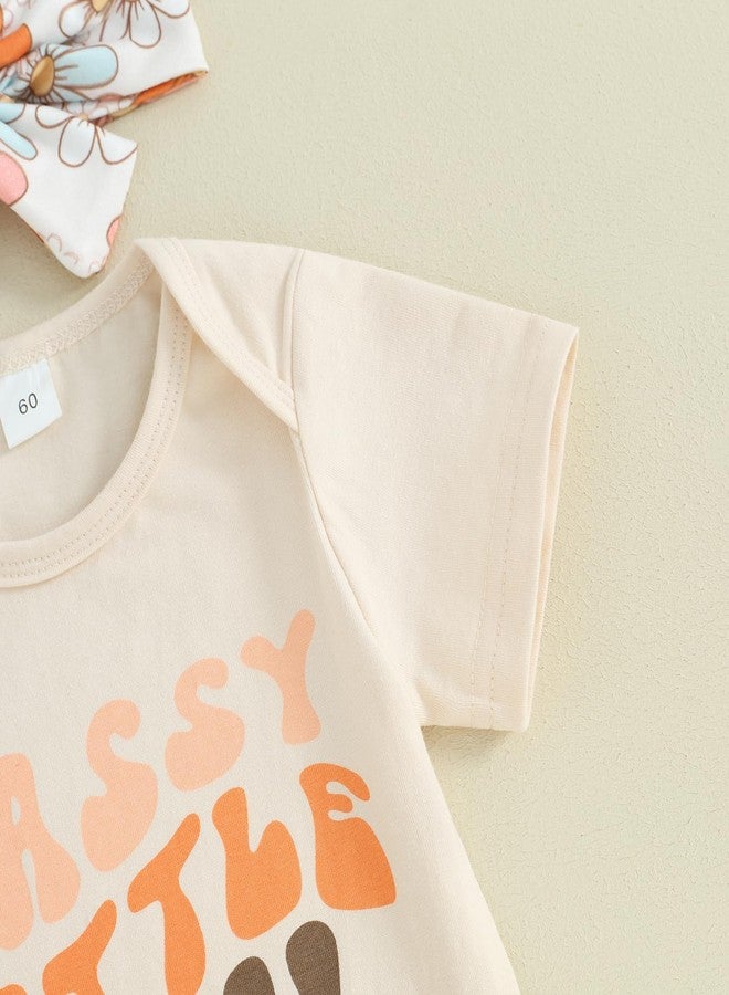Karuedoo Newborn Baby Girl Summer Outfits Sassy Little Soul Romper Boho Floral Flared Pants Headband 3Pcs Clothes Set (A-Apricot, 6-12 Months) - Image 4