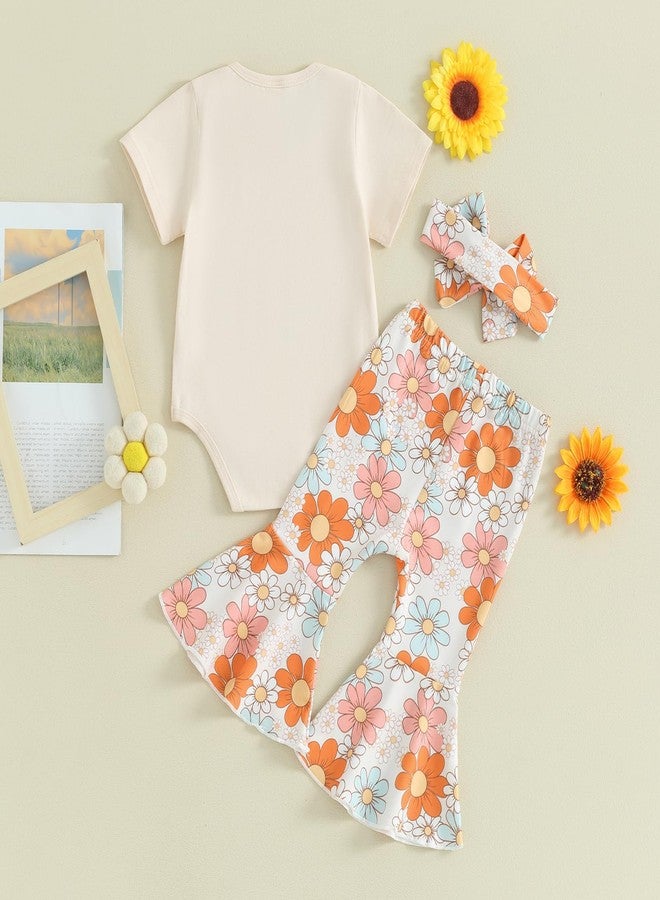 Karuedoo Newborn Baby Girl Summer Outfits Sassy Little Soul Romper Boho Floral Flared Pants Headband 3Pcs Clothes Set (A-Apricot, 6-12 Months) - Image 3