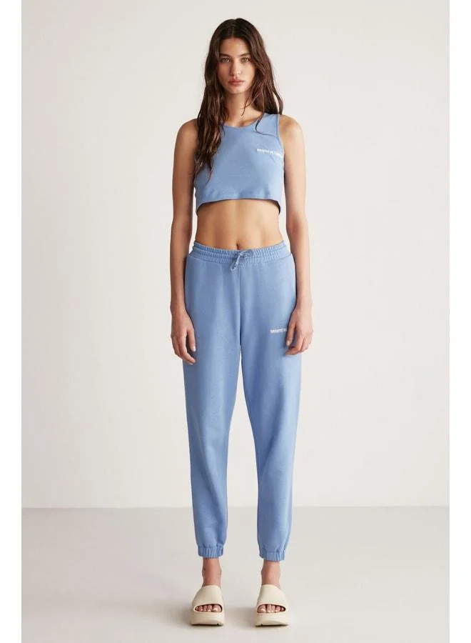 Grimelange Carroline Women's Comfortable Fit Embroidered Waist and Elasticated Leg Blue Sweatpants.