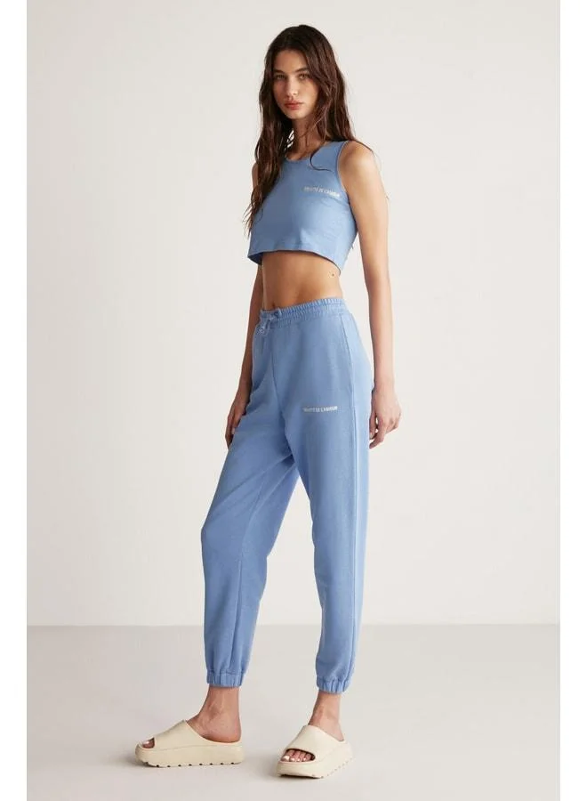 Grimelange Carroline Women's Comfortable Fit Embroidered Waist and Elasticated Leg Blue Sweatpants.