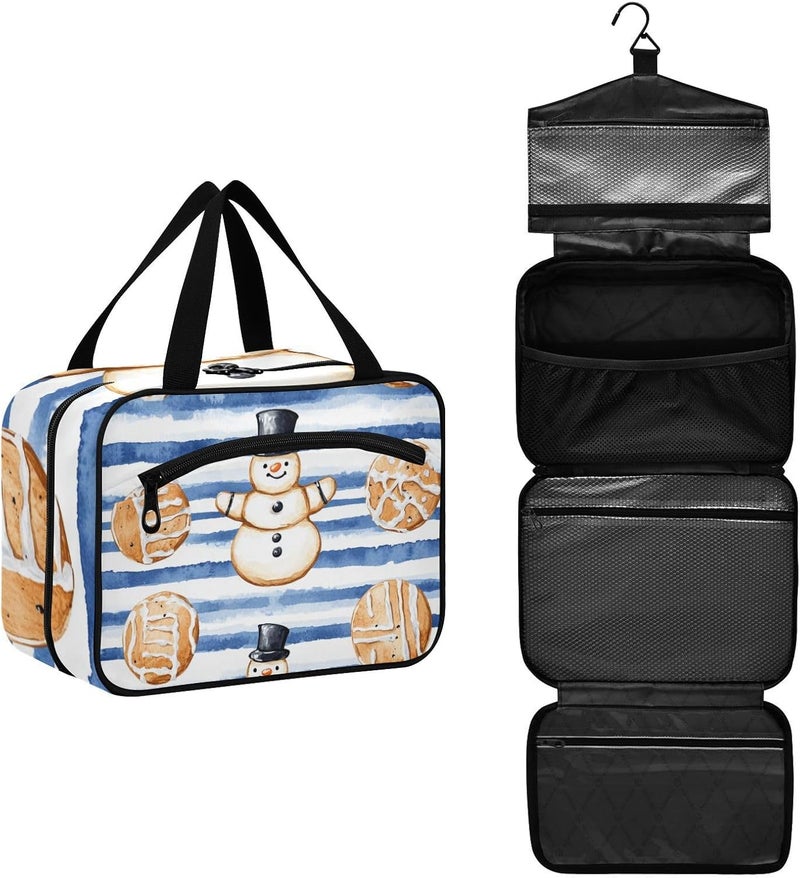 Black Gingerbread Snowman Royal Blue Striped hanging toiletry kit for men with hook, designer chic toiletry kit for travel essentials vacation bolso para maquillaje L - Image 2