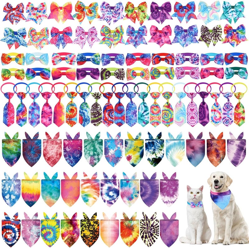 Reginary 120 Pcs Tie Dye Dog Bandanas Bulk Dog Bows Set Bow Ties Cat Scarf Colorful Washable Triangle Pet Kerchief Cute Bib for Summer Small Medium Large Pets Grooming Accessories Costume - Image 1