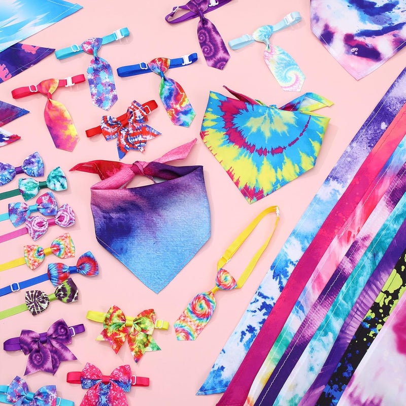 Reginary 120 Pcs Tie Dye Dog Bandanas Bulk Dog Bows Set Bow Ties Cat Scarf Colorful Washable Triangle Pet Kerchief Cute Bib for Summer Small Medium Large Pets Grooming Accessories Costume - Image 4