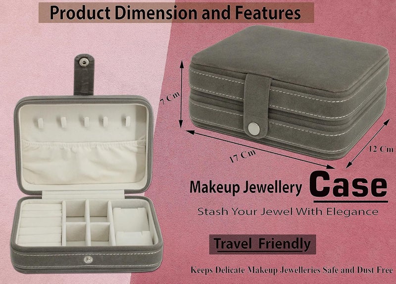 atorakushon Fabric Makeup Storage Box Jewellery Organizer Locker Box Set for Women and Girls for Necklaces Pouch Earring Ring Chains Cosmetic Travel Case Grey - Image 3
