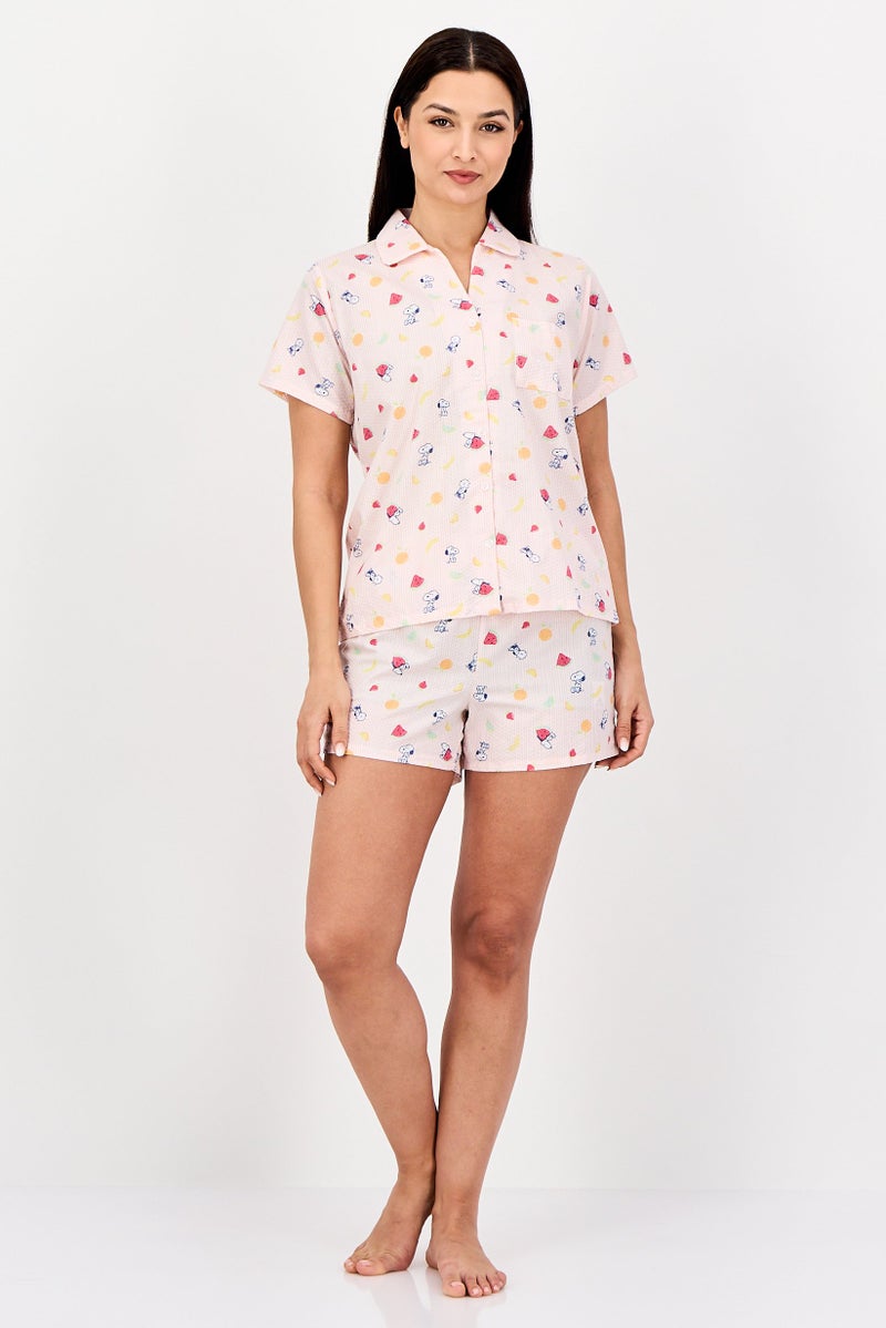 Peanuts Women 2 Pieces Snoopy Short Sleeve Pyjama Set, Multicolor - Image 1