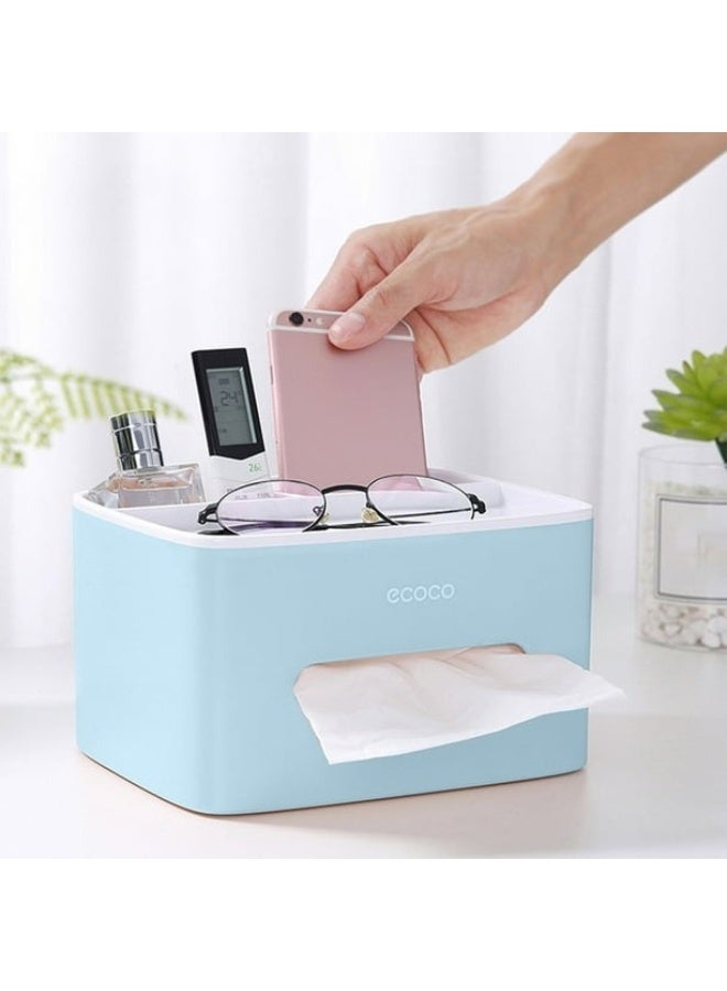 إيكوكو علبة مناديل متعددة الأغراض بتصميم بسيط، حافظة مناديل ورقية، حامل سيارة للتخزين مع غطاء قابل للإزالة، 3 أقسام، مضادة للانزلاق - أزرق - Image 4