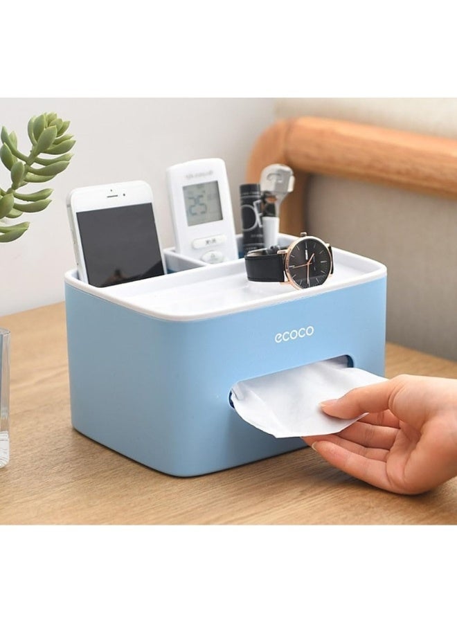 ecoco Minimalist Multipurpose Tissue Box Table Napkin Paper Case Car Holder Storage with Removable Lid, 3 Compartments, Anti Slip-Blue - Image 1