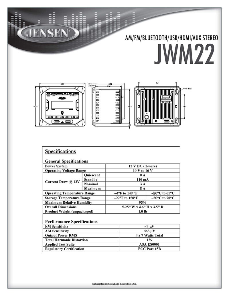 Jensen JWM22 2-Speaker Zones AM/FM|BT|HDMI|AUX Cube Wall Mount Stereo, Speaker Output 4X 6 Watt, 30 Station Presets (18FM/12AM), Receives Bluetooth Audio (A2DP) and Controls (AVRCP) from Devices - Image 3
