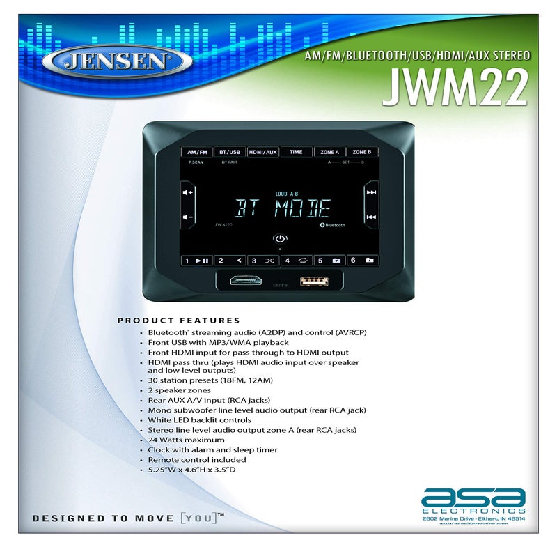 Jensen JWM22 2-Speaker Zones AM/FM|BT|HDMI|AUX Cube Wall Mount Stereo, Speaker Output 4X 6 Watt, 30 Station Presets (18FM/12AM), Receives Bluetooth Audio (A2DP) and Controls (AVRCP) from Devices - Image 2