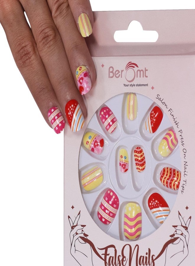 Beromt Press On Nails Set of Full Fake Nails For Kids With Beautiful Printed Multicolor Design - 56 - Image 1