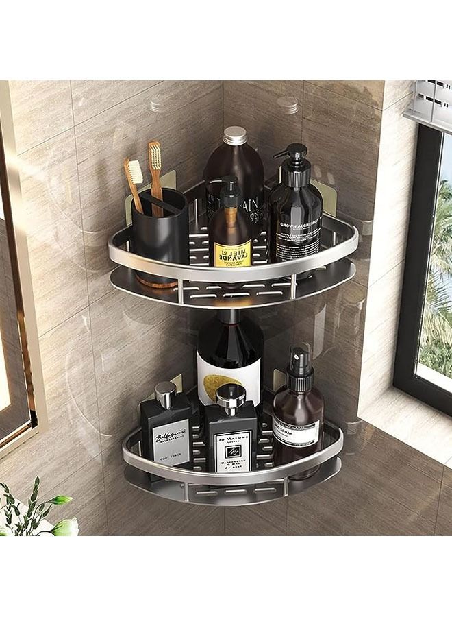 Arabest زاوية علبة الدش، أرفف دش زاوية الحمام، منظم حمام قابل للإزالة مكون من عبوتين، سلة تخزين الحمام لاصقة بدون حفر، رف سلة الحمام المثبت على الحائط (فضي) - Image 1