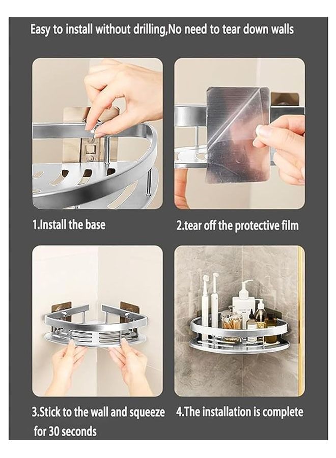 Arabest زاوية علبة الدش، أرفف دش زاوية الحمام، منظم حمام قابل للإزالة مكون من عبوتين، سلة تخزين الحمام لاصقة بدون حفر، رف سلة الحمام المثبت على الحائط (فضي) - Image 4