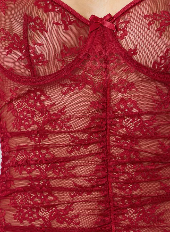 Styli Floral Mesh Underwired Ruched Slip, Brief and Stockings Set - Image 3