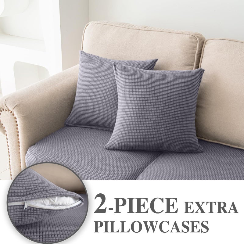 LA MEACK Couch Cushion Covers for Sectional Sofa L Shape Washable Separate Seat Chaise Couch Cover Stretch Sofa Slipcovers with 2 Pcs Pillowcases(2 Seater + 1 Chaise, Light Grey) - Image 3