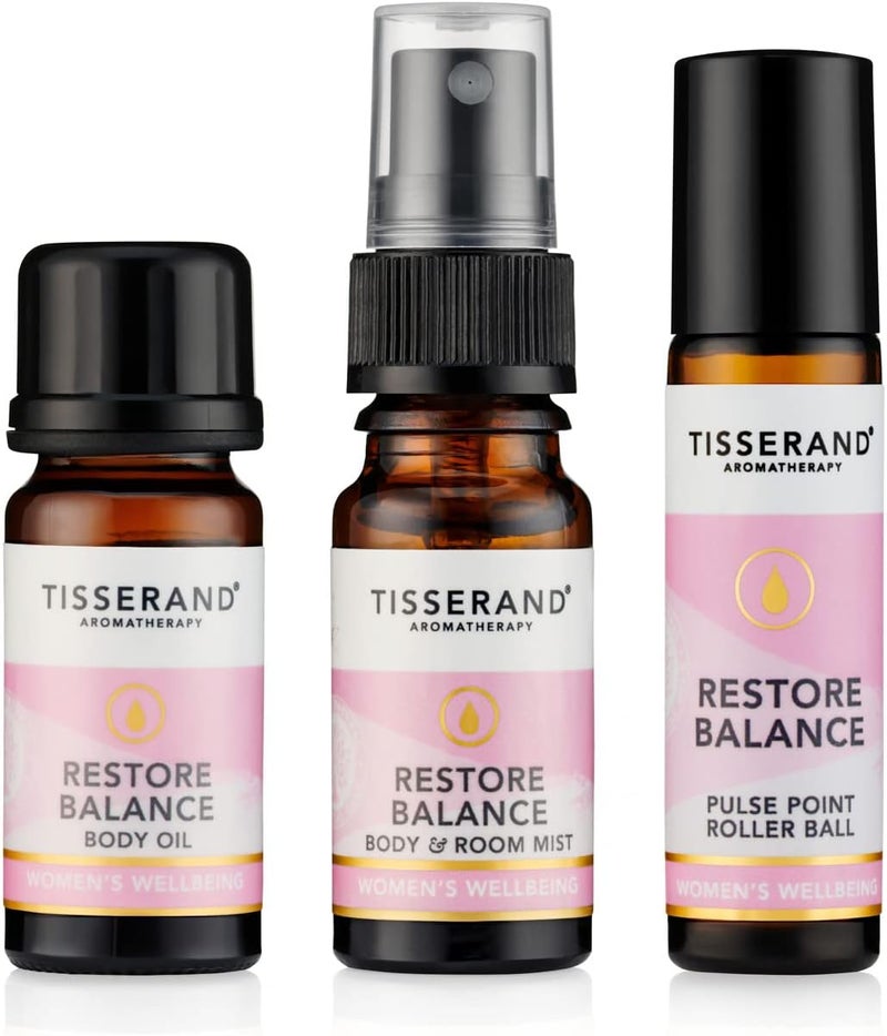 Tisserand Aromatherapy Restore Balance Discovery Kit Roller Ball Body Oil Mist Perimenopause Menopause Menstruation Support Women Rose Clary Sage Geranium Natural Essential Oils