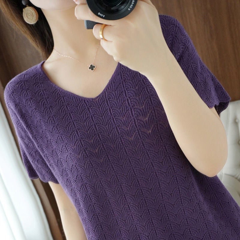 200 Jin Wearing Ice Silk Short-Sleeved T-Shirt Women'S Loose Solid Color Plus Size Belly Covering Top Korean New Hollow Knitted Shirt - Image 4