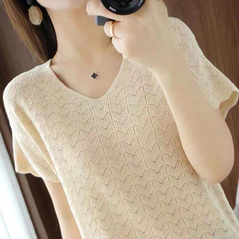 200 Jin Wearing Ice Silk Short-Sleeved T-Shirt Women'S Loose Solid Color Plus Size Belly Covering Top Korean New Hollow Knitted Shirt - Image 1