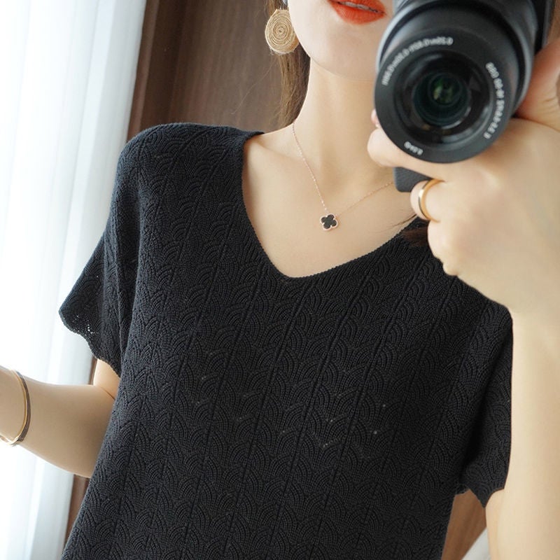 200 Jin Wearing Ice Silk Short-Sleeved T-Shirt Women'S Loose Solid Color Plus Size Belly Covering Top Korean New Hollow Knitted Shirt - Image 5