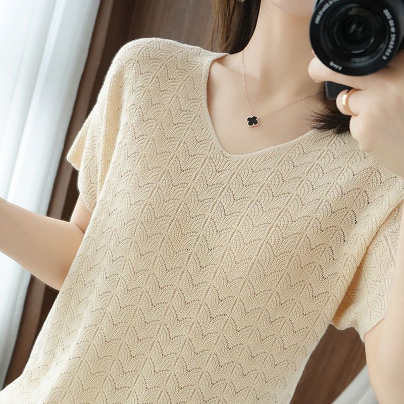 200 Jin Wearing Ice Silk Short-Sleeved T-Shirt Women'S Loose Solid Color Plus Size Belly Covering Top Korean New Hollow Knitted Shirt - Image 2