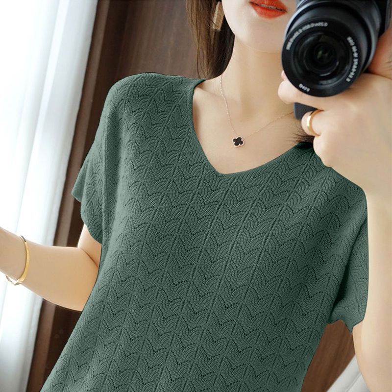 200 Jin Wearing Ice Silk Short-Sleeved T-Shirt Women'S Loose Solid Color Plus Size Belly Covering Top Korean New Hollow Knitted Shirt - Image 3
