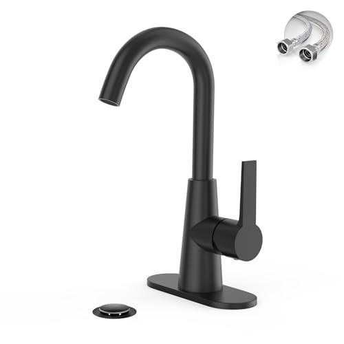 Phiestina Single Hole Matte Black Single-Handle 4 Inch Bathroom Sink Faucet with Deck Plate and Supply Hoses, Bar Sink Faucet/Pre-Kitchen Sink Faucet with 360° Rotation Spout, WE10E-MB - Image 1