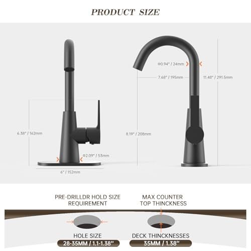 Phiestina Single Hole Matte Black Single-Handle 4 Inch Bathroom Sink Faucet with Deck Plate and Supply Hoses, Bar Sink Faucet/Pre-Kitchen Sink Faucet with 360° Rotation Spout, WE10E-MB - Image 5