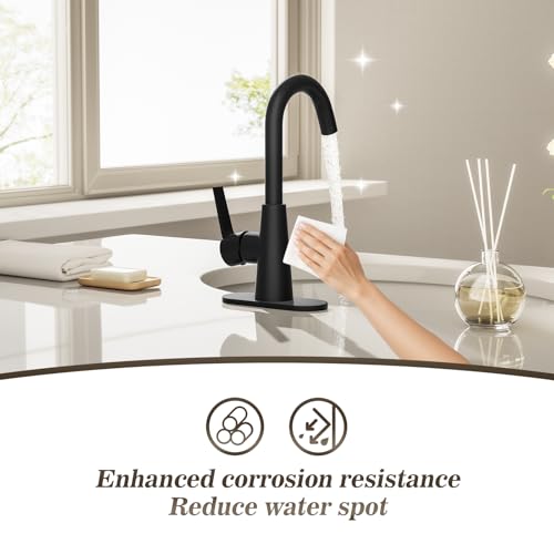 Phiestina Single Hole Matte Black Single-Handle 4 Inch Bathroom Sink Faucet with Deck Plate and Supply Hoses, Bar Sink Faucet/Pre-Kitchen Sink Faucet with 360° Rotation Spout, WE10E-MB - Image 4