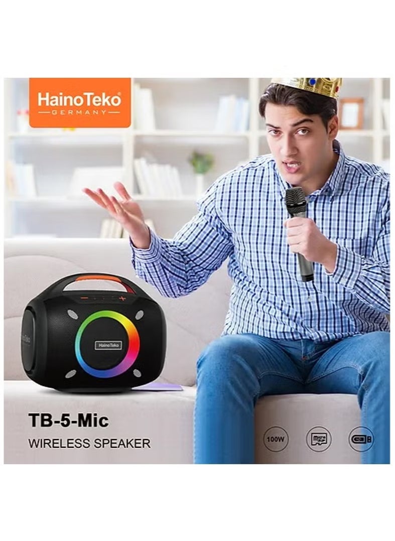 Haino Teko - TB-5 Portable Wireless Bluetooth Speaker with 2 Wireless Mics, 100W Output Power, RGB Lighting, Multi-Functional Button Control for Indoor & Outdoor Use, Black - Image 1