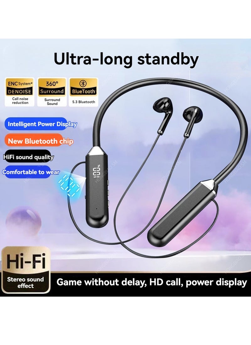 Generic Hanging neck Bluetooth headset digital display ultra-long standby in-ear wireless Bluetooth sports headset black  - Image 1