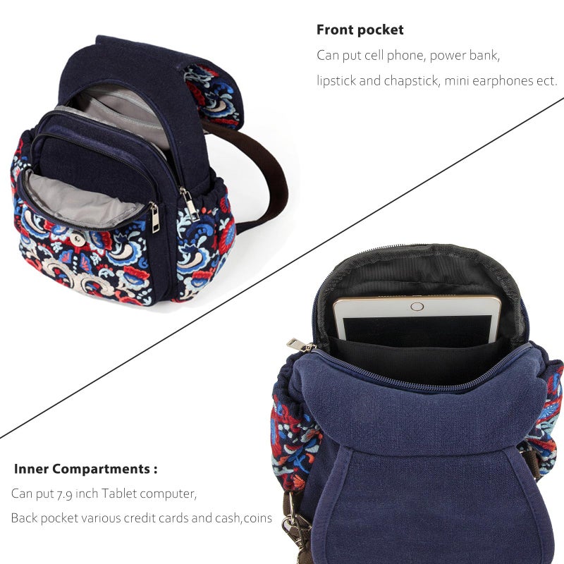 SILKAREA Vintage Embroidered Floral Ethnic Backpack for Women Handbag Shoulder Bag Mini Travel Purse (Embroidered Blue) - Image 5